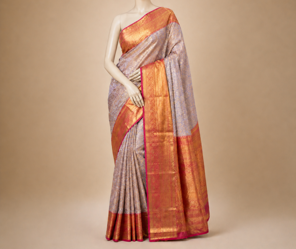 Lavender Pink With Gold Zari Pure Kanjivaram Tissue Silk Saree