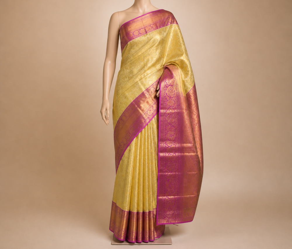 Lemon Yellow With Pink Golden Zari Border Pure Kanjivaram Tissue Silk Saree