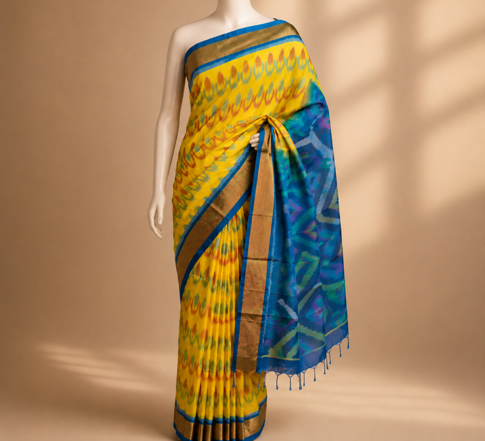 Authentic Bright Yellow and Royal Blue Pure Silk Patola Saree