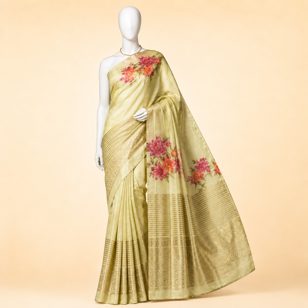 Pastel Yellow Floral Printed Silk Saree with Zari Border