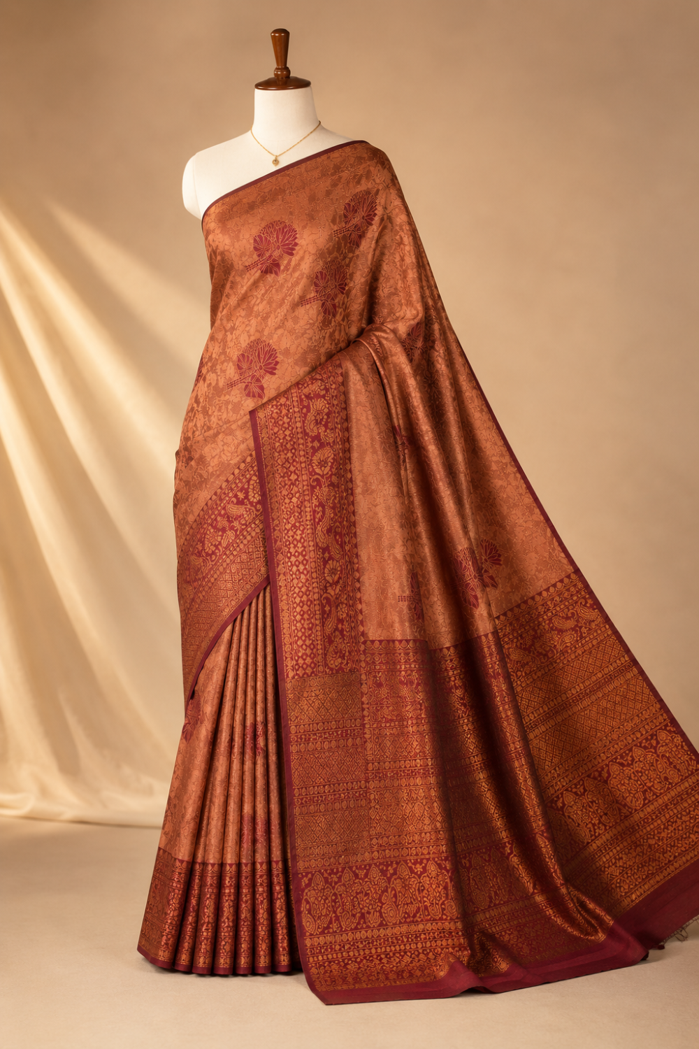 Copper Rose Zari Cotton Woven Traditional Saree with Rich Maroon Border