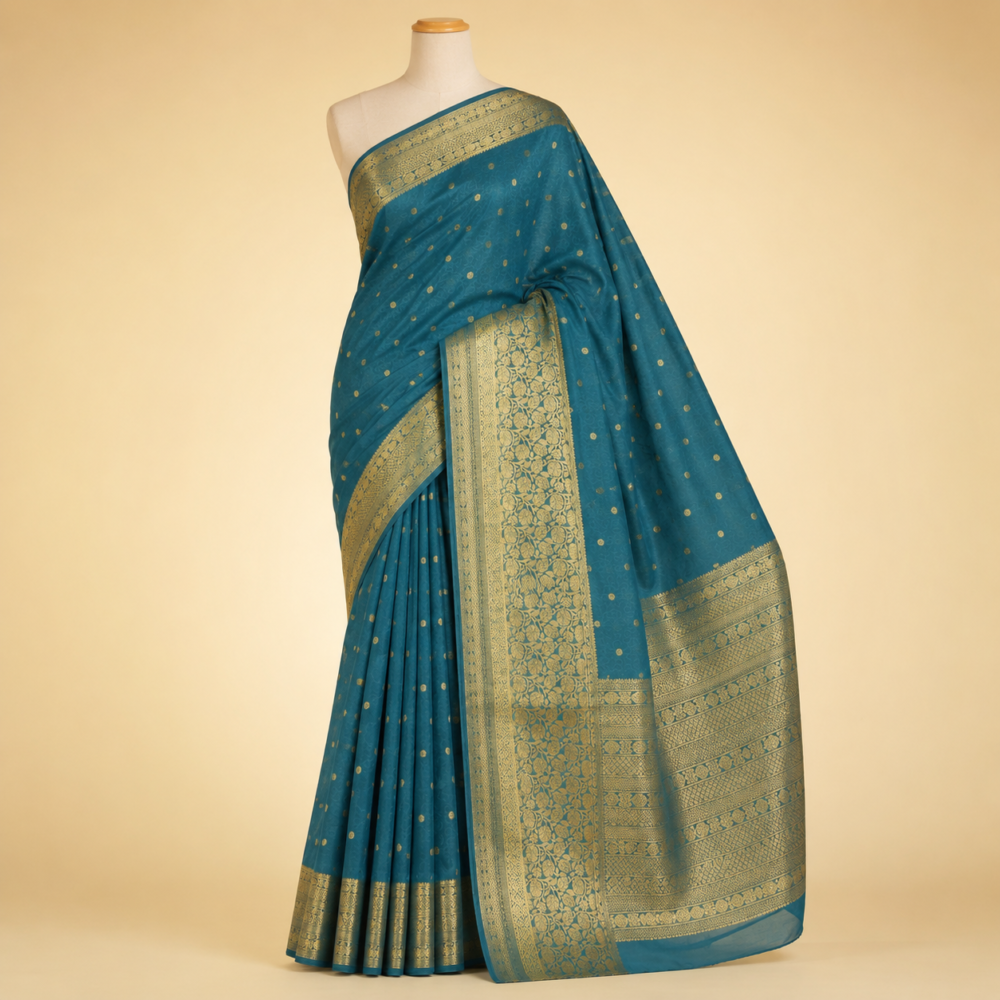 Teal Blue Georgette Silk Saree with Gold Zari Woven Border & Floral Motifs