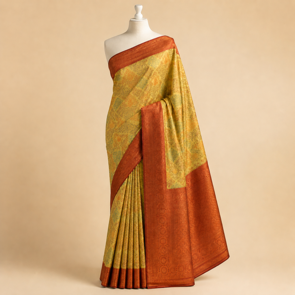 Olive Green & Rust Orange Cotton Jacquard Saree with Zari Woven Border & Pallu