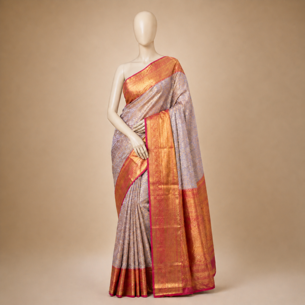 Lavender Kanjivaram Mix Silk Saree with Coral Orange Zari Border