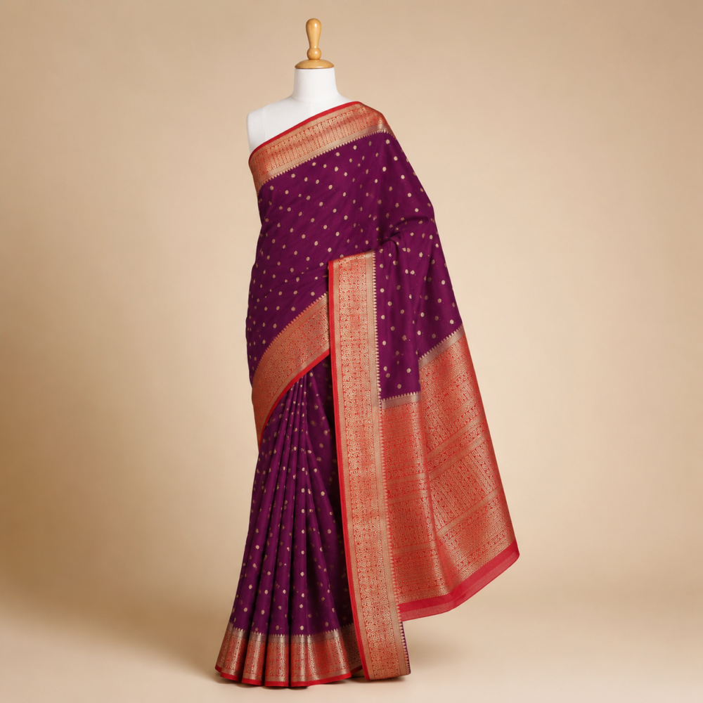 Royal Purple & Coral Pink Georgette Saree with Zari Border