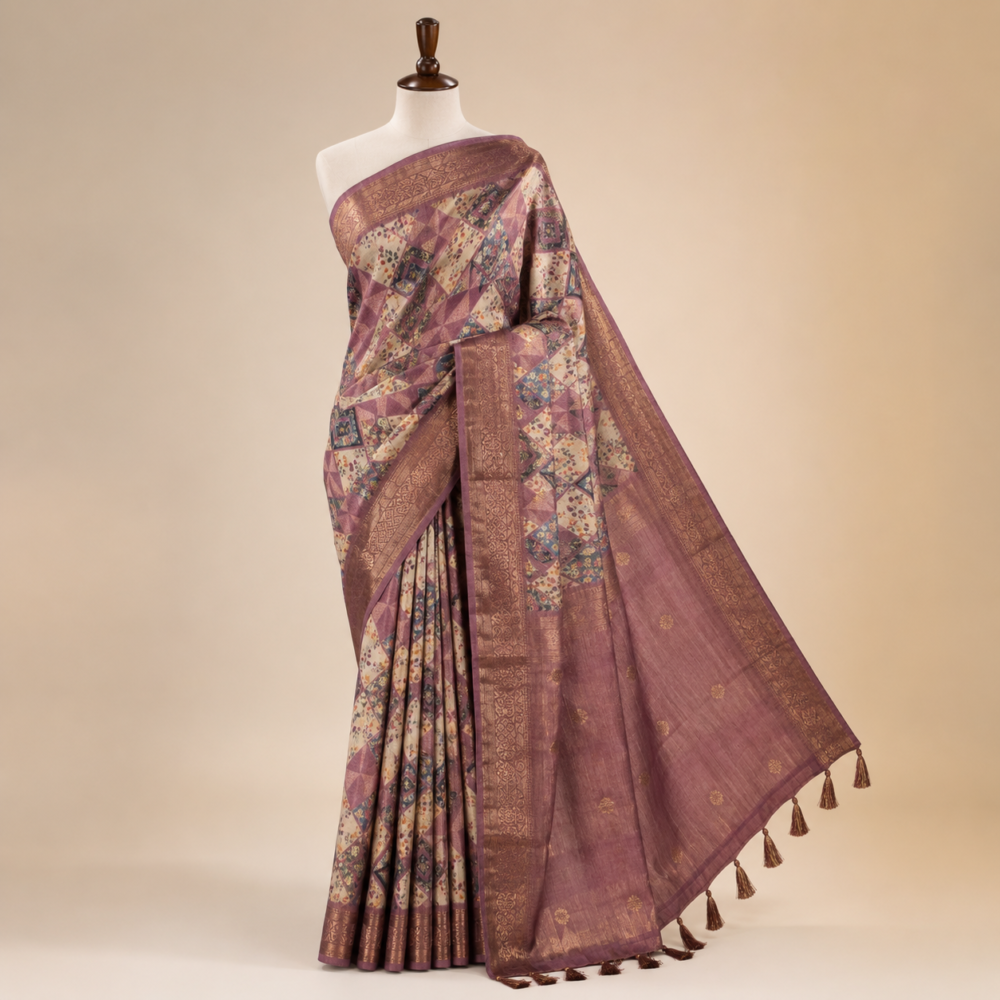 Dusty Lavender Geometric Printed Silk Saree with Zari Border