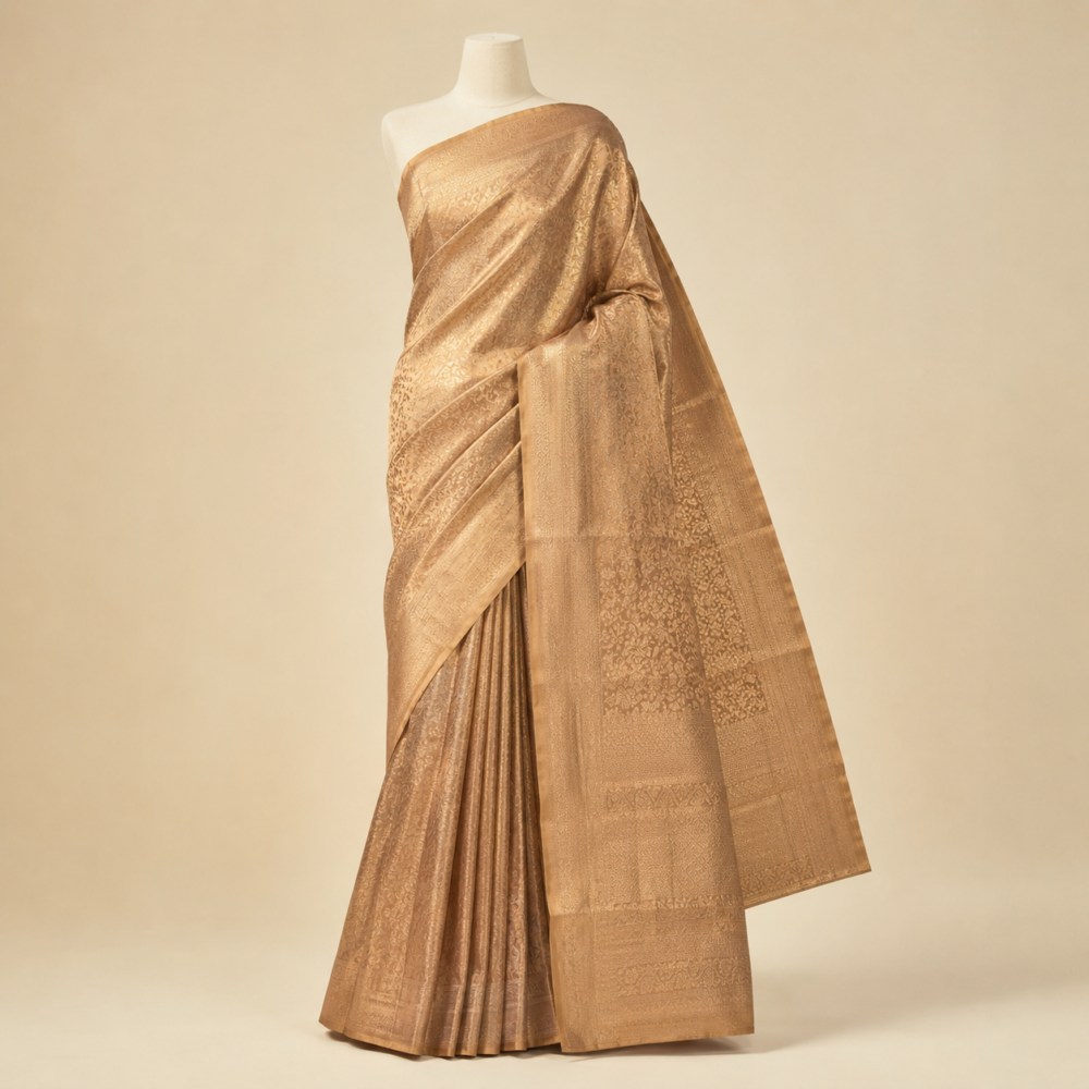 Champagne Gold Pure Mix Kanjivaram Saree with All-Over Zari Weaving & Regal Woven Pallu