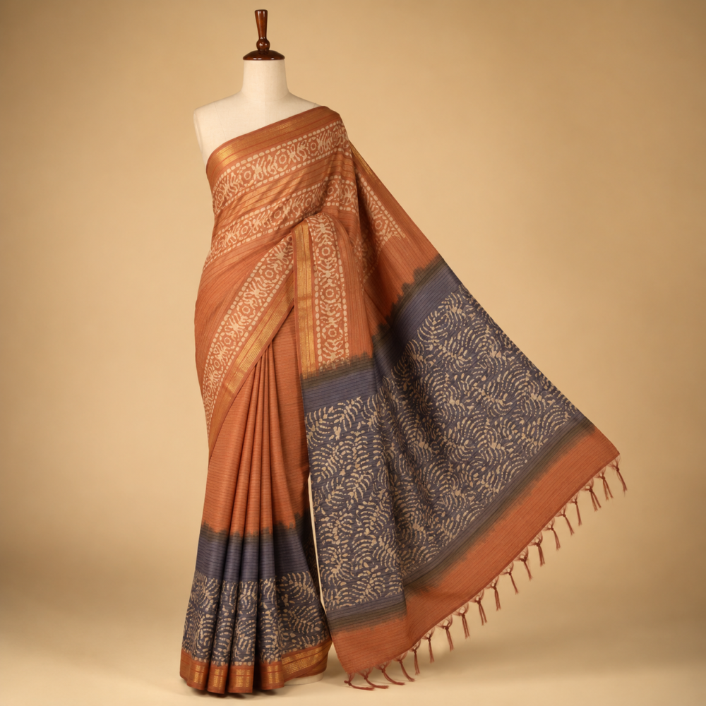 Rust Orange Cotton Saree with Indigo Printed Pallu