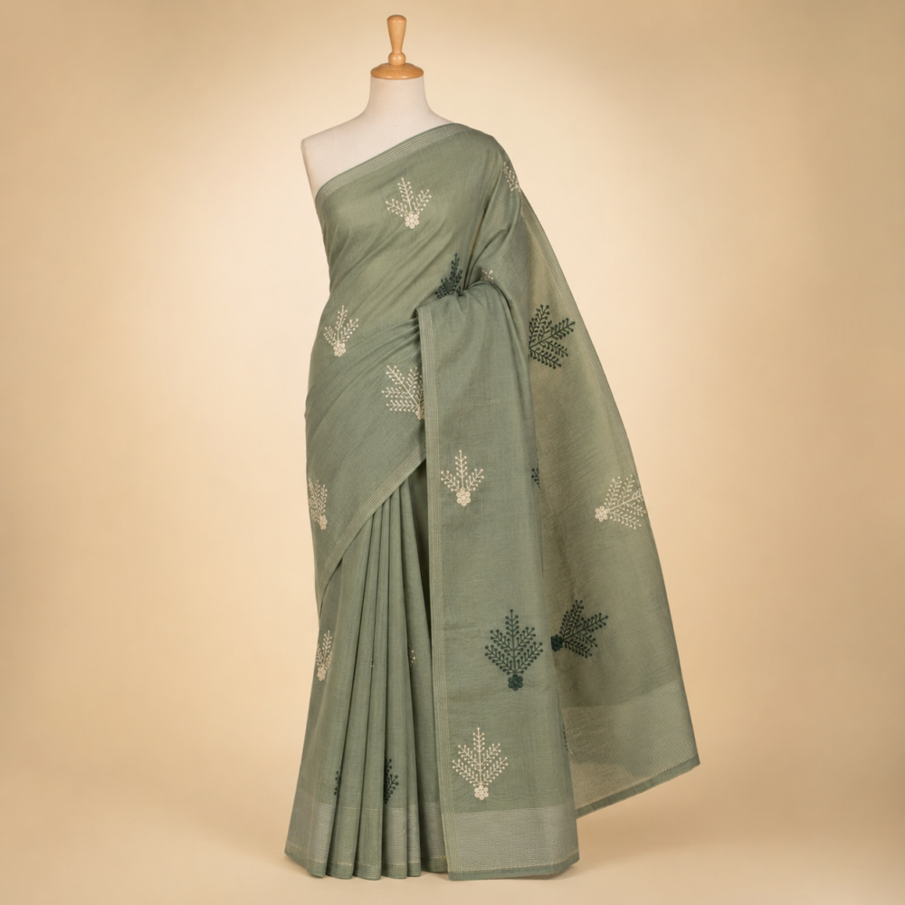 Sage Green Cotton Saree with Delicate Embroidered Motifs