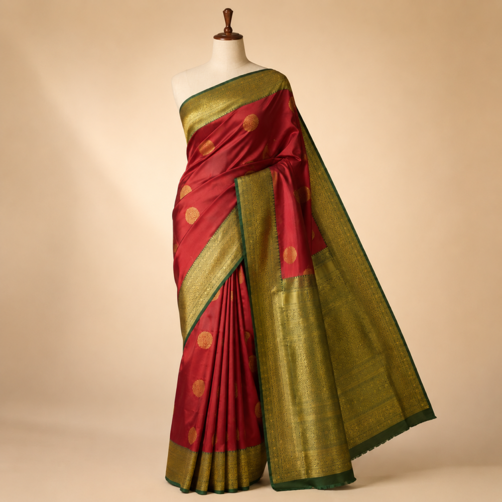 Authentic Crimson Red and Olive Gold Kanjivaram Mix Silk Saree