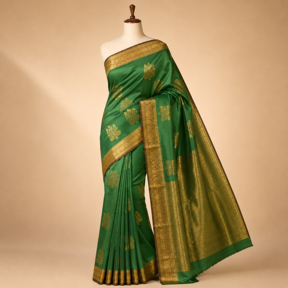 Authentic Emerald Green and Antique Gold Kanjivaram Mix Silk Saree