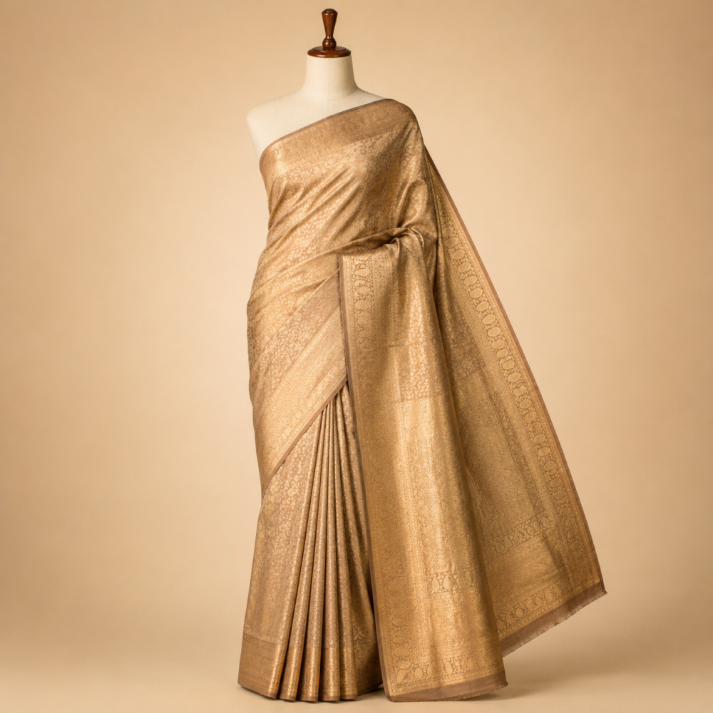 Champagne Gold Pure Kanjivaram Silk Saree with All-Over Zari Weaving