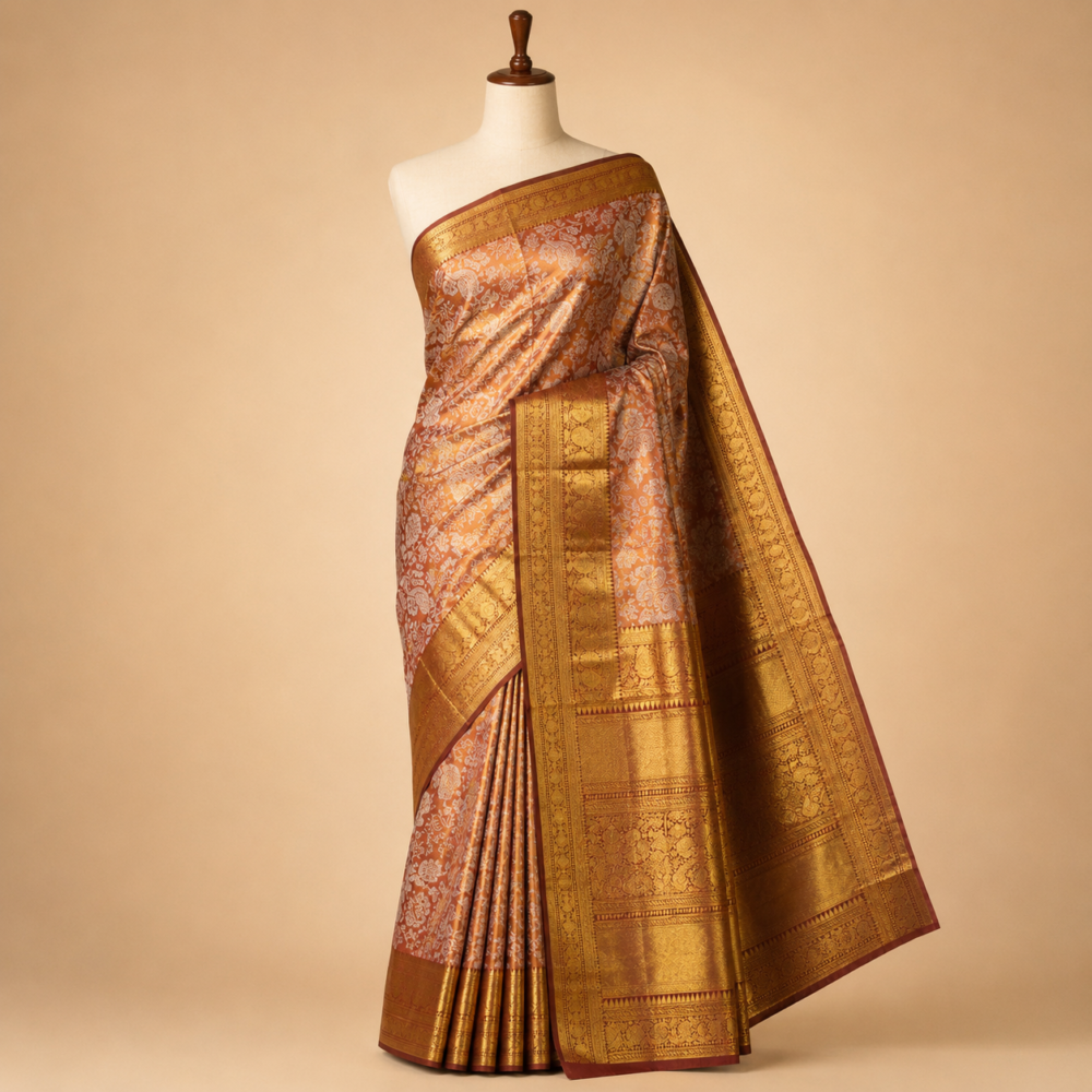 Authentic Peach Gold and Antique Zari Kanjivaram Pure Silk Tissue Saree
