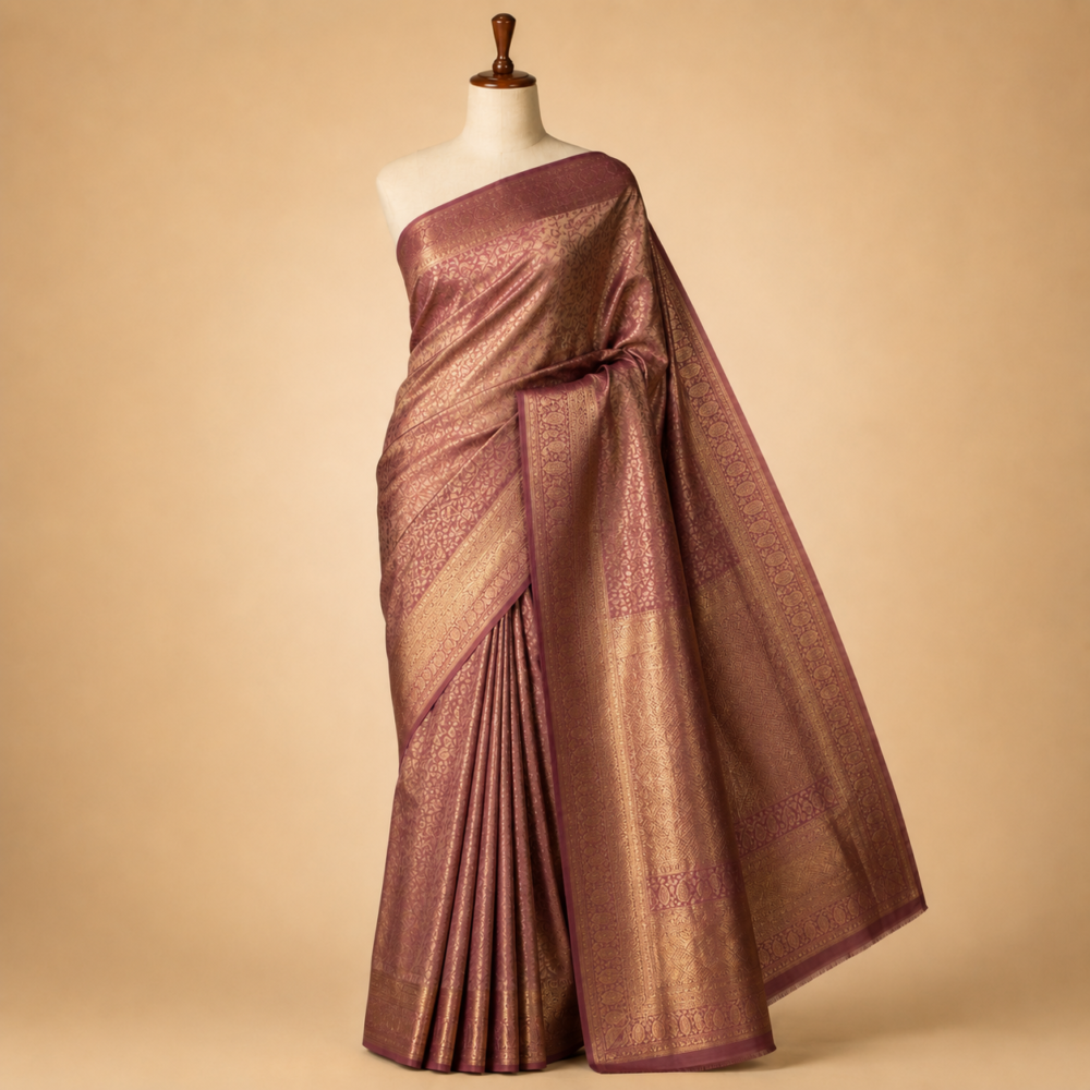 Authentic Dusty Mauve and Rose Gold Kanjivaram Pure Silk Tissue Saree