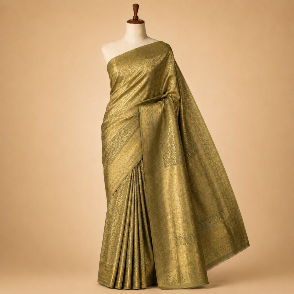 Authentic Olive Gold Kanjivaram Pure Silk Tissue Saree