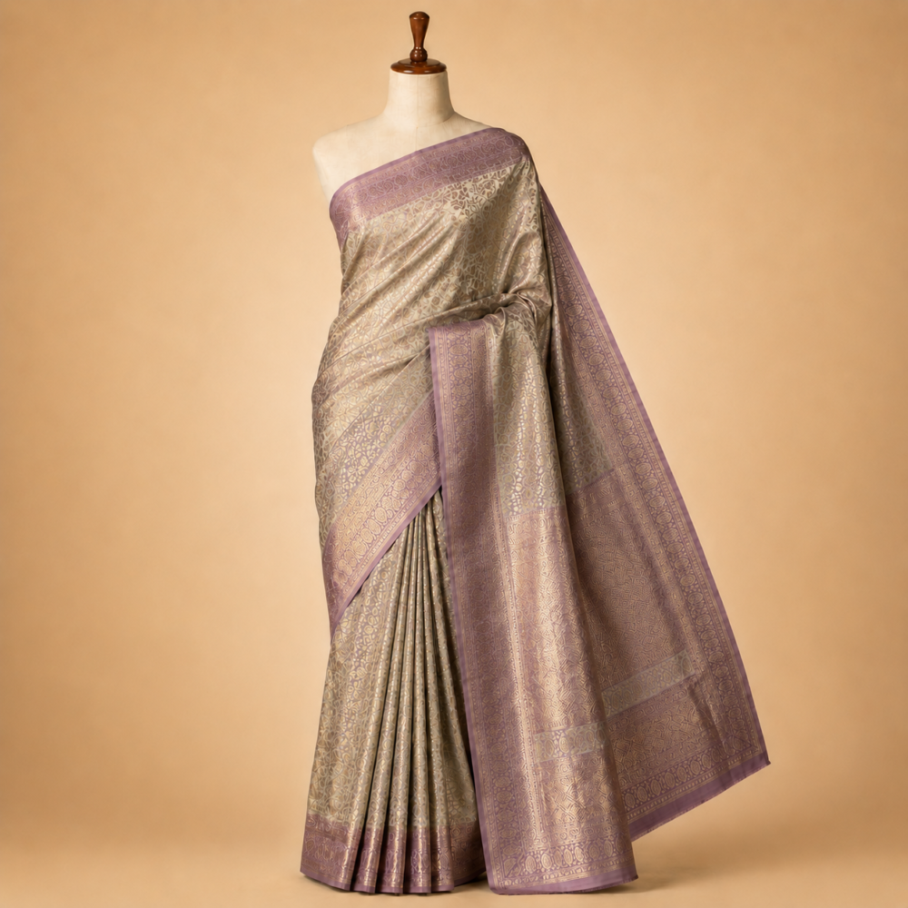 Authentic Champagne Gold and Lavender Kanjivaram Pure Silk Tissue Saree