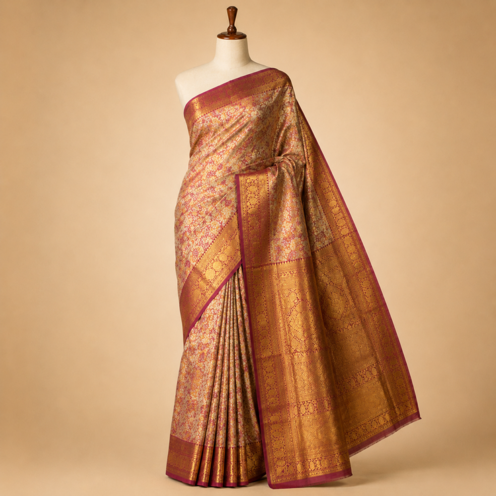 Authentic Blush Gold and Magenta Kanjivaram Pure Silk Tissue Saree