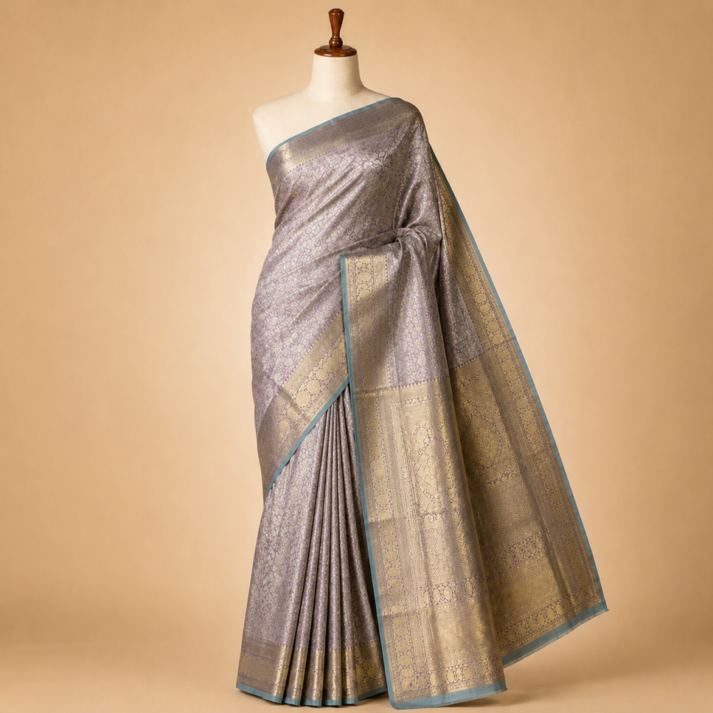 Authentic Silver Lavender and Ice Blue Kanjivaram Pure Silk Tissue Saree