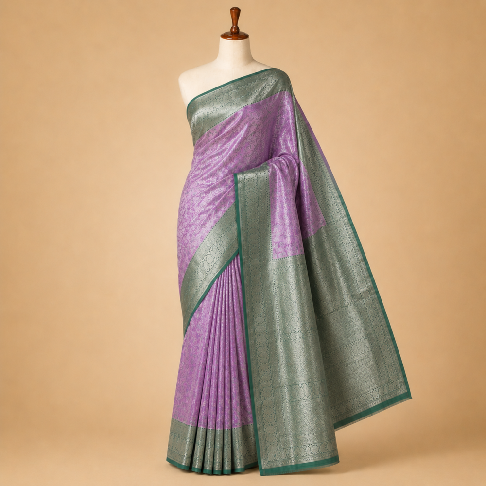 Authentic Lilac Pink and Sage Silver Kanjivaram Pure Silk Tissue Saree