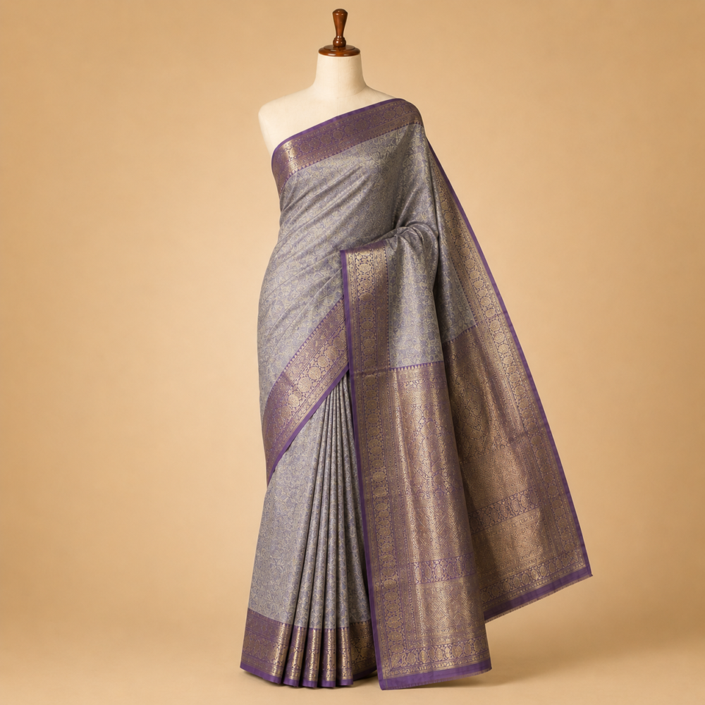 Authentic Silver Mist and Royal Purple Kanjivaram Pure Silk Tissue Saree