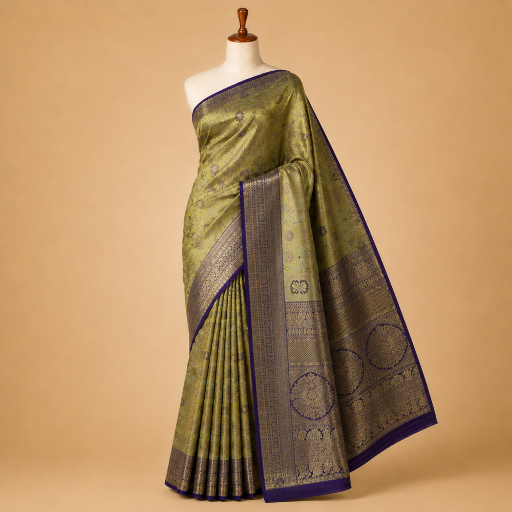 Authentic Olive Gold and Royal Purple Kanjivaram Pure Silk Tissue Saree