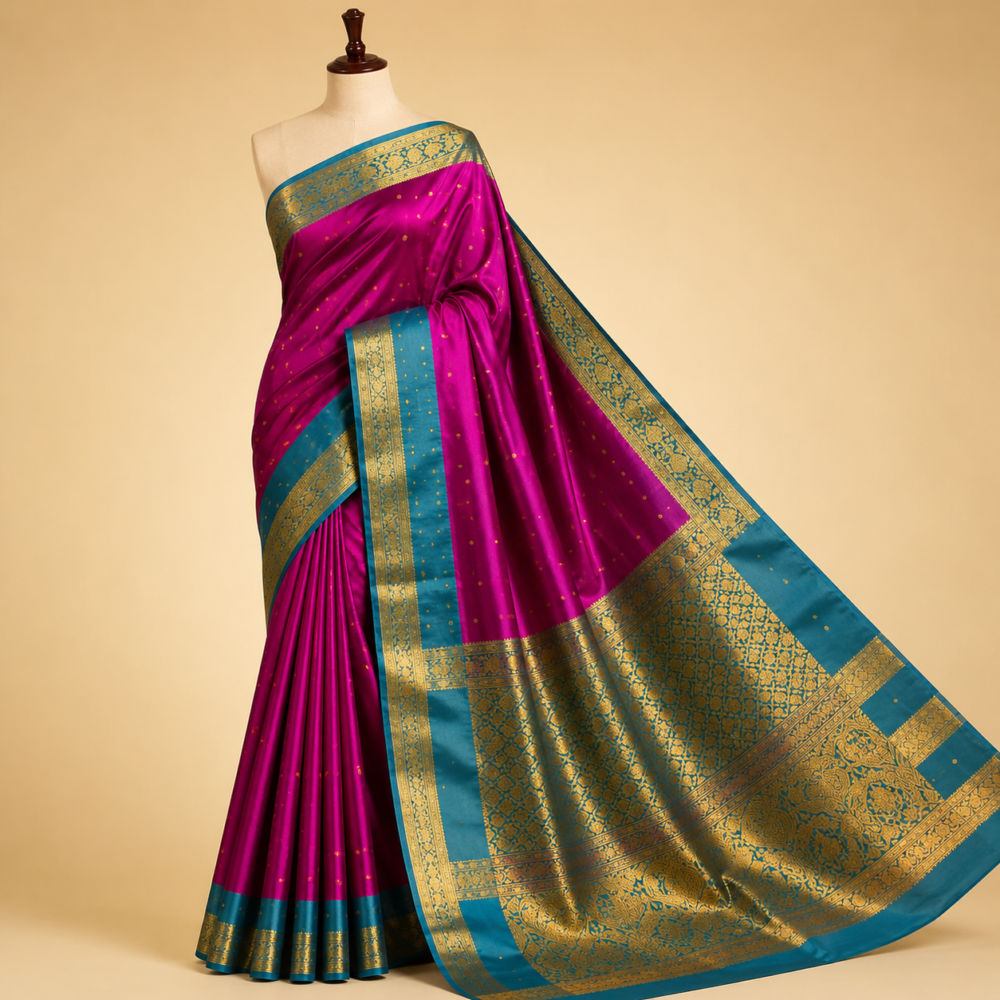 Magenta Pure Mix Kanjivaram Saree with Peacock Blue Zari Border