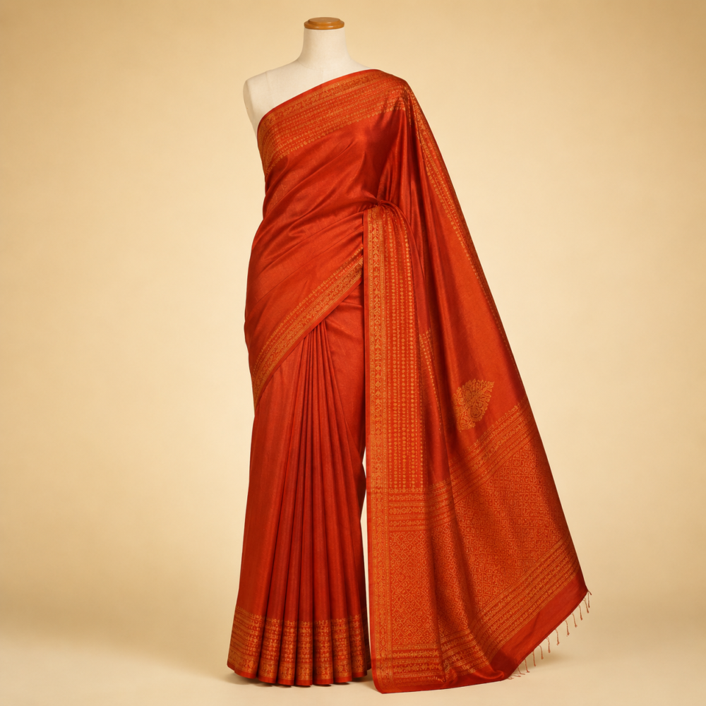 Vermilion Red Pure Mix Kanjivaram Saree with Traditional Gold Zari Weaving