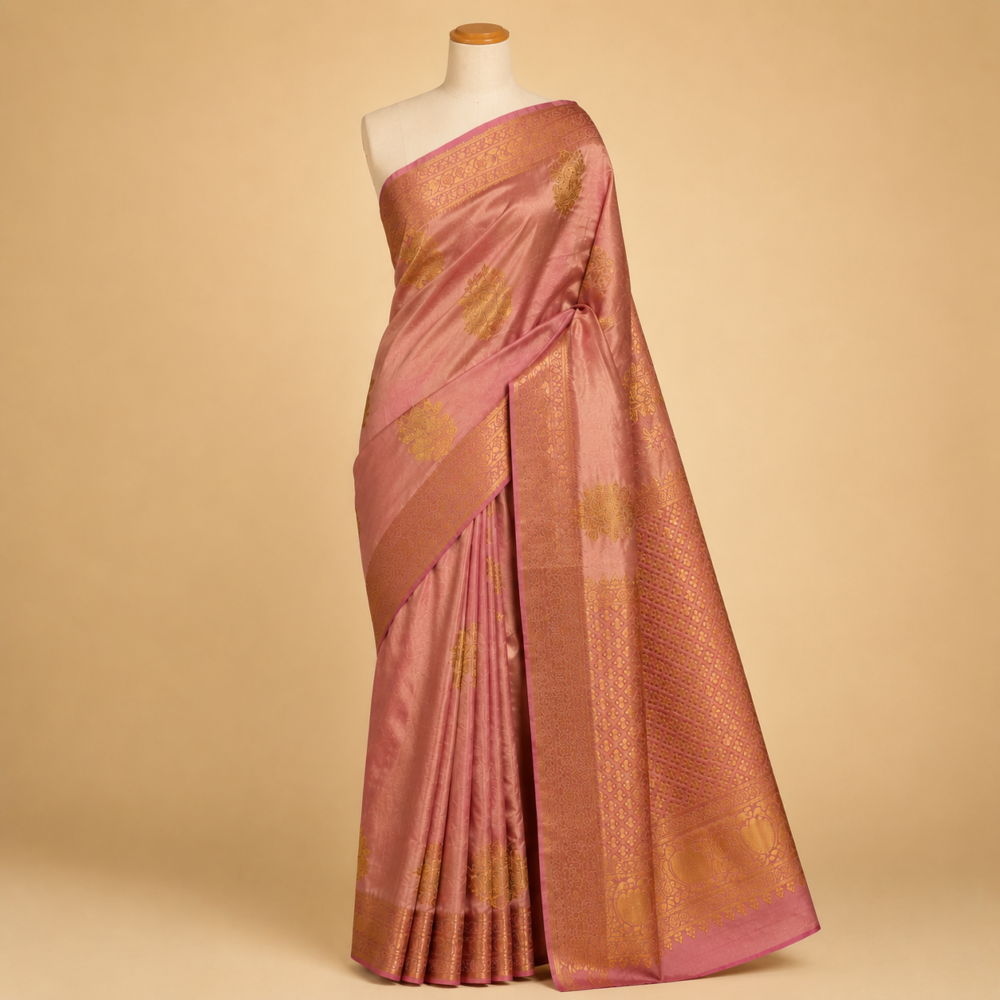 Blush Pink Pure Mix Kanjivaram Saree with Gold Zari Buttas & Grand Woven Pallu