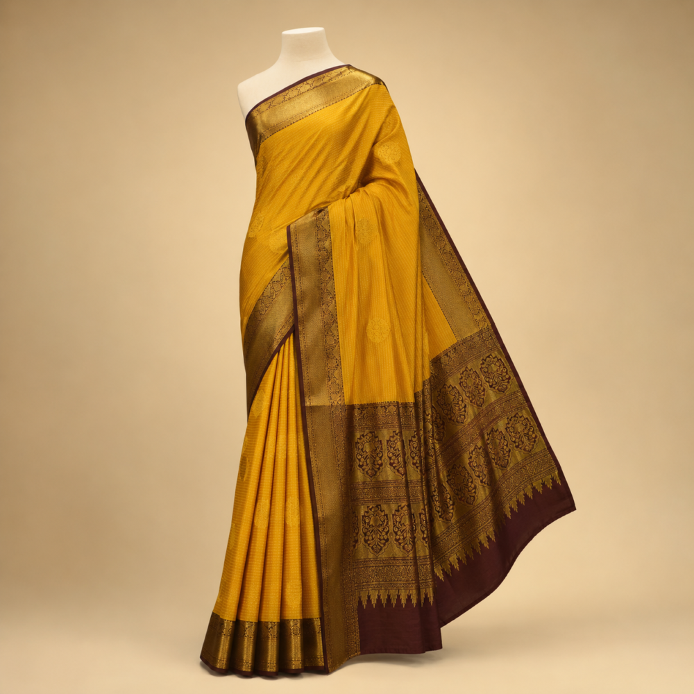 Mustard Yellow Pure Mix Kanjivaram Saree with Antique Gold Zari Border & Rich Pallu