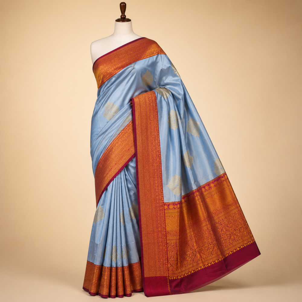 Sky Blue Pure Mix Kanjivaram Saree with Copper Zari Border & Grand Traditional Pallu