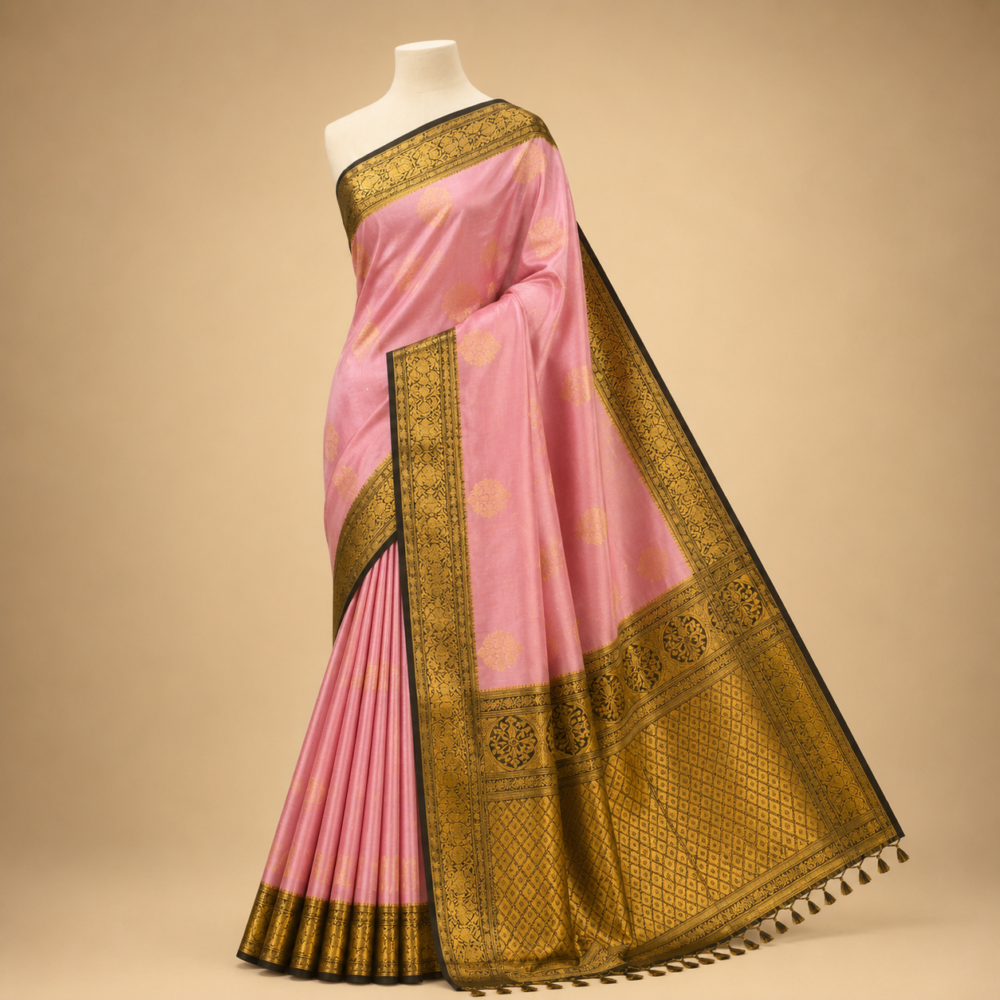 Baby Pink Pure Mix Kanjivaram Saree with Antique Gold Zari Border & Grand Woven Pallu