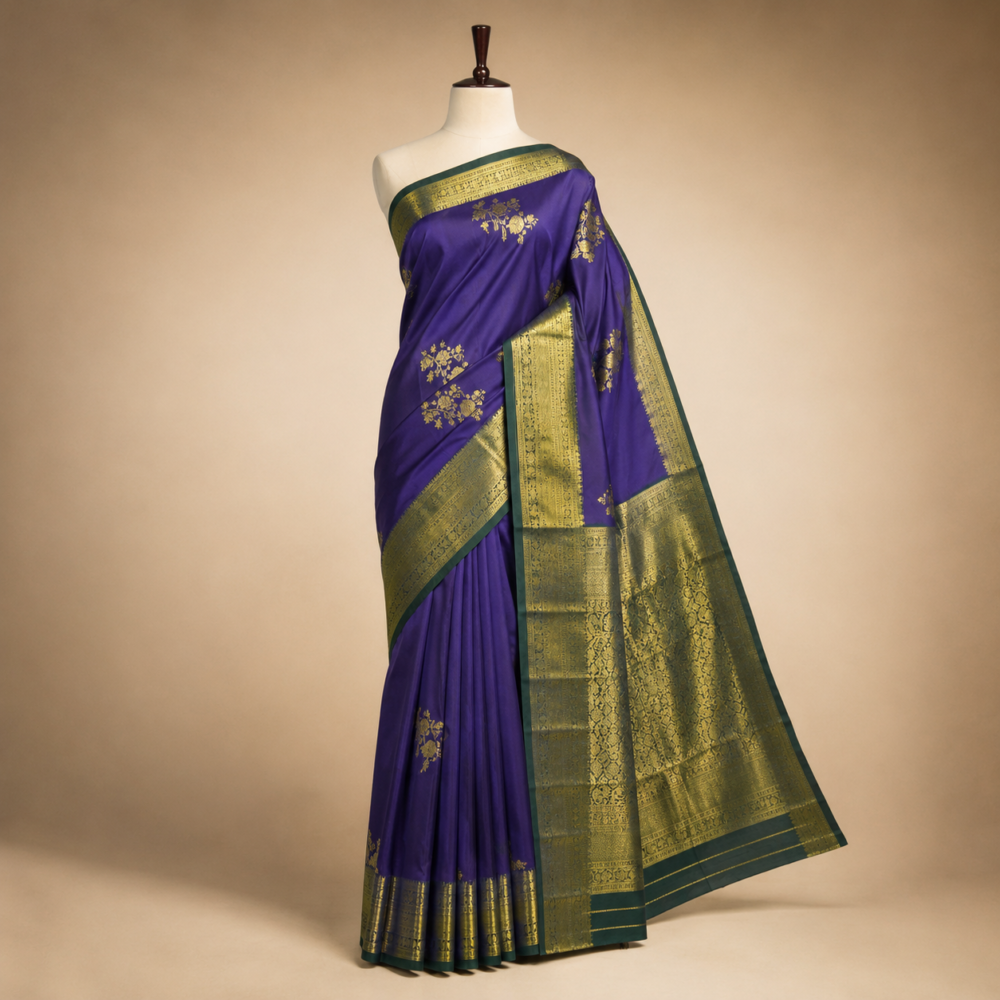 Royal Purple Pure Mix Kanjivaram Saree with Gold Zari Floral Buttas & Grand Contrast Pallu