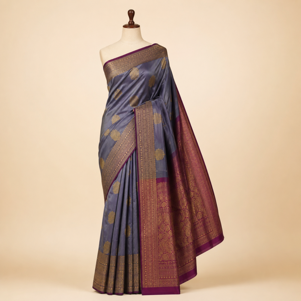 Steel Blue Pure Mix Kanjivaram Saree with Gold Zari Buttas & Rich Magenta Pallu