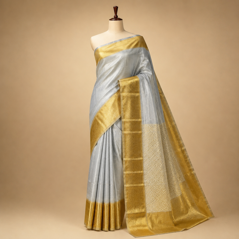 Authentic Pearl White and Antique Gold Tissue Silk Saree