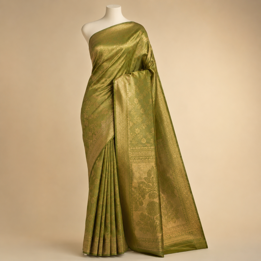 Authentic Pistachio Green and Antique Gold Tissue Silk Saree
