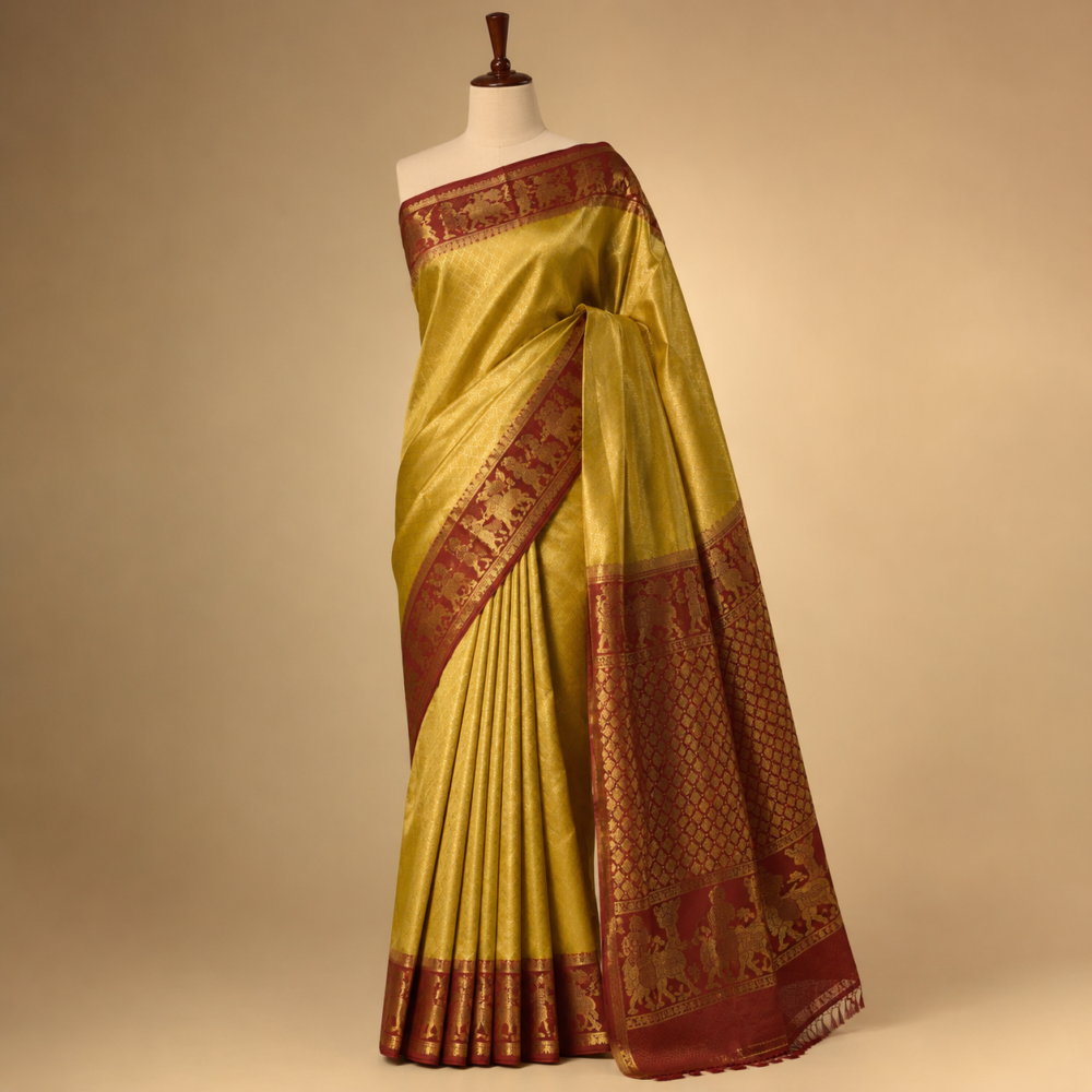 Authentic Mustard Gold and Maroon Tissue Silk Saree