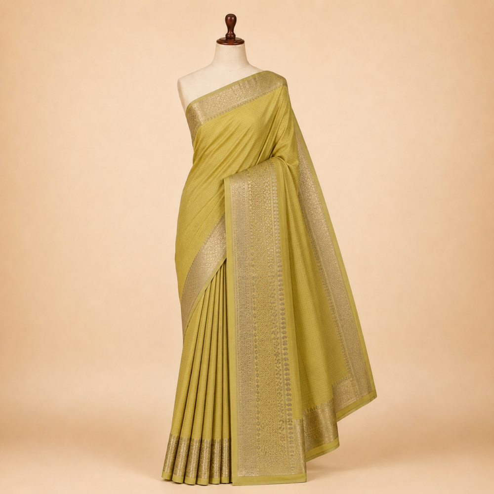 Lime Green Pure Cotton Saree with Silver Zari Woven Border
