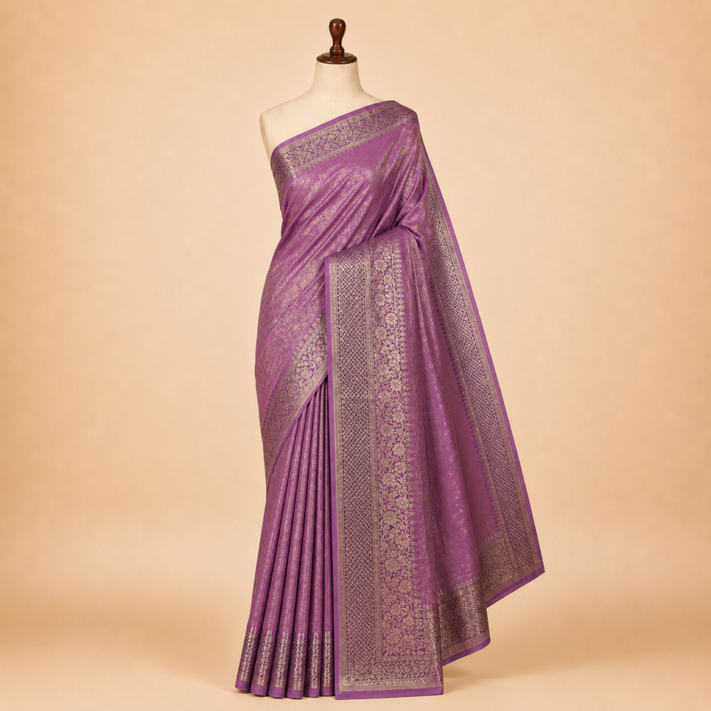 Lavender Pure Art Silk Saree with Silver Zari Woven Border & Rich Pallu