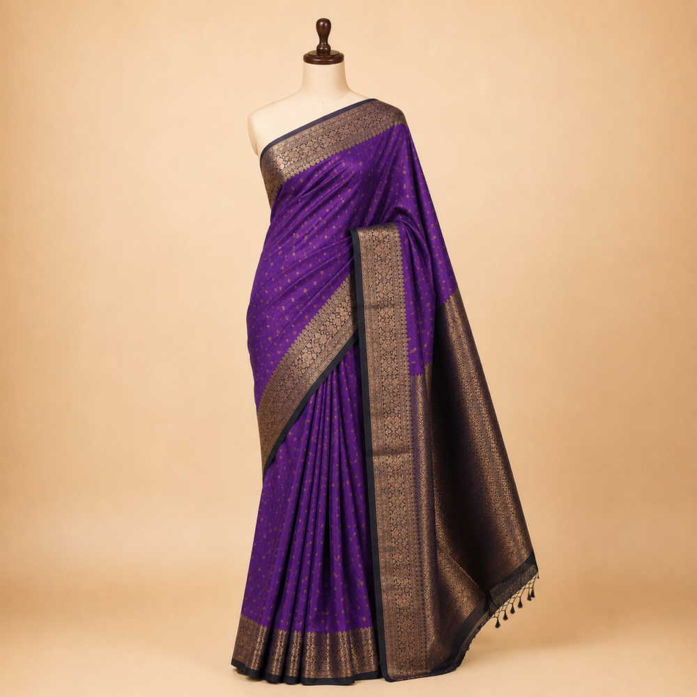 Royal Purple Printed Silk Saree with Antique Gold Buttas & Woven Border
