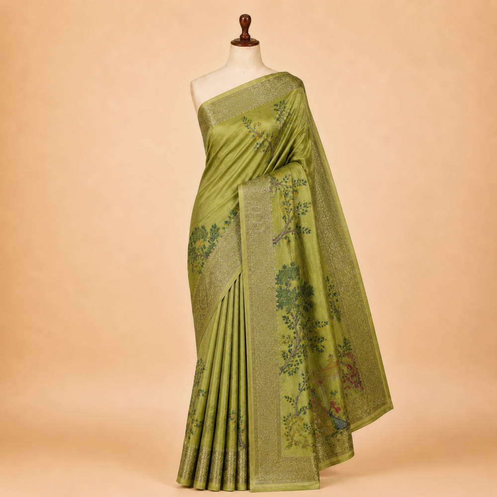 Olive Green Printed Silk Saree with Nature-Inspired Scenic Print & Woven Border