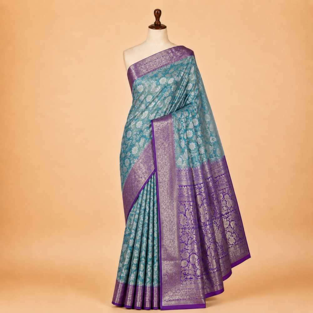 Sky Blue Art Silk Saree with Silver Floral Weaving & Royal Purple Zari Border
